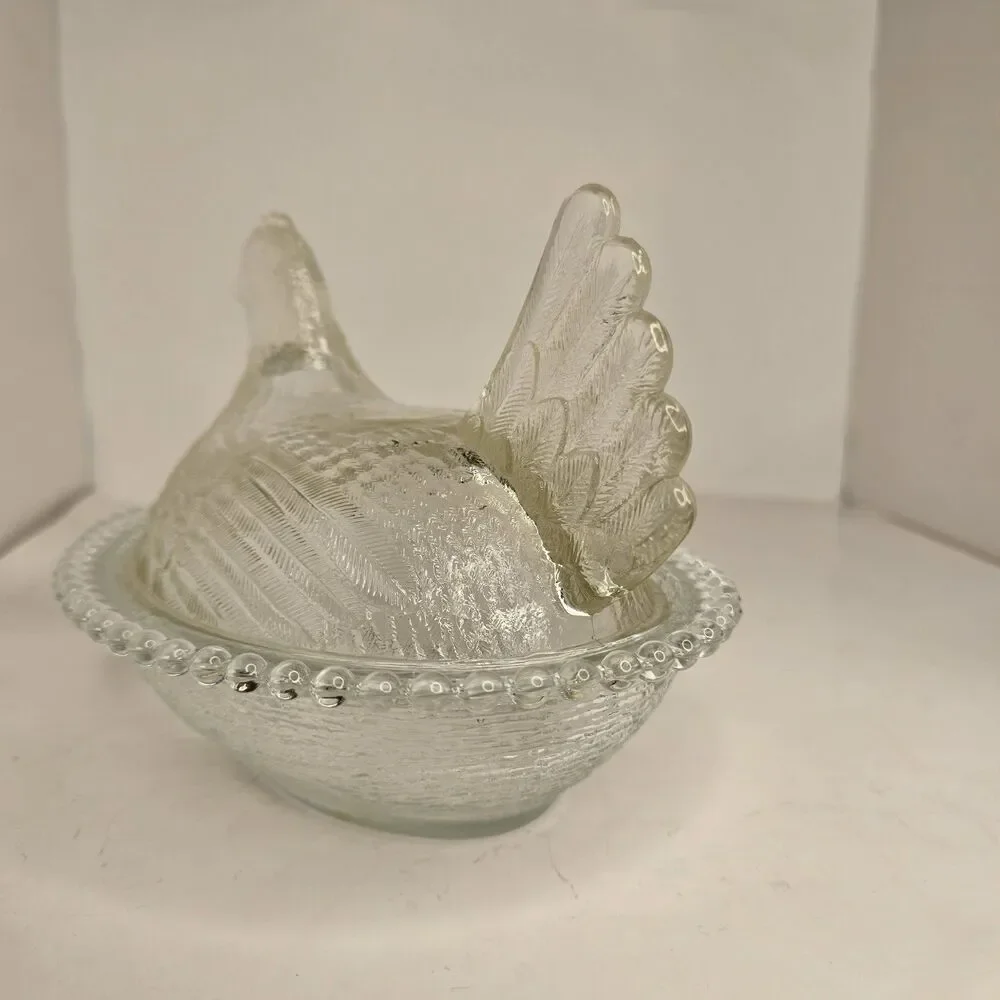 Vintage Clear Glass Hen On Nest Candy Dish *Flaw